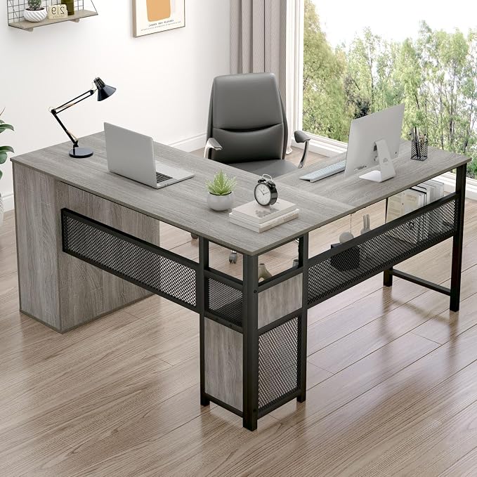 LVB Reversible L Shaped Desk with Drawers, Grey Computer Desk with Storage | 59" Adjustable Modern Executive Office Desks, Adjustable Corner Design for Gaming Spaces and Home Workstations