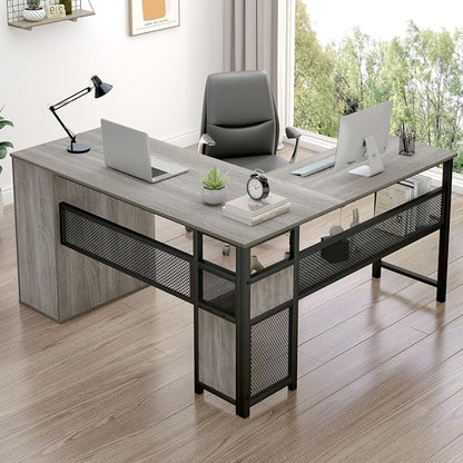LVB Reversible L Shaped Desk with Drawers, Grey Computer Desk with Storage | 59" Adjustable Modern Executive Office Desks, Adjustable Corner Design for Gaming Spaces and Home Workstations