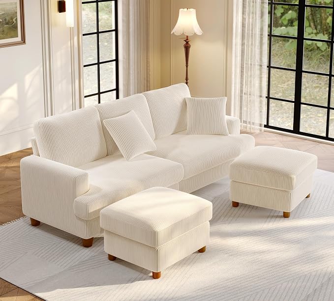Welzona 87.2" Couches for Living Room, Comfy U Shaped Couch Beige 7.5" Thicker Cushion, Sofas for Living Room Tool-Free Setup, Loveseat with Ottoman 848lbs Support, Corduroy Couch for Bedroom, Office