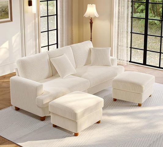 Welzona 87.2" Couches for Living Room, Comfy U Shaped Couch Beige 7.5" Thicker Cushion, Sofas for Living Room Tool-Free Setup, Loveseat with Ottoman 848lbs Support, Corduroy Couch for Bedroom, Office