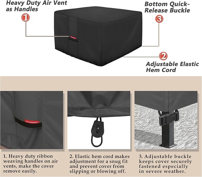 Porch Shield Fire Pit Cover - Waterproof 600D Heavy Duty Fade Resistant Square Patio Fire Pit Table Cover Black - 28 x 28 inch