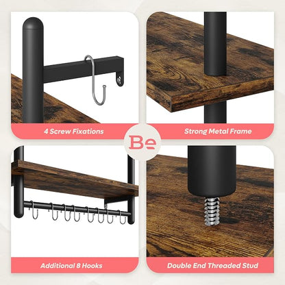 Bestier 24" Floating Kitchen Shelves Wall Mounted 2 Tier Coffee bar Shelves with 8 Hooks, Industrial Wall Shelf for Kitchen, Living Room Bedroom, Rustic Brown