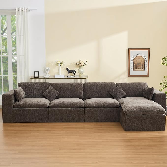 146''Cloud Boneless Sectional Couch, Modular Sectional Sofa Deep Seat with Ottoman, Oversized Upholstered Convertible Comfy 5 Seater Chenille Sofa L Shape Couches for Living Room, Brown
