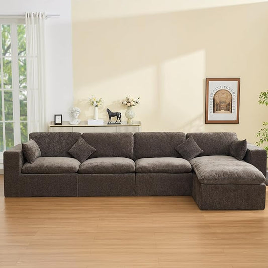 146''Cloud Boneless Sectional Couch, Modular Sectional Sofa Deep Seat with Ottoman, Oversized Upholstered Convertible Comfy 5 Seater Chenille Sofa L Shape Couches for Living Room, Brown