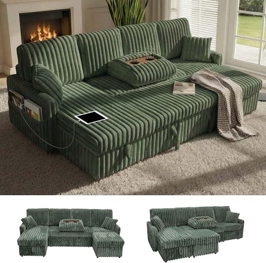 KCGKCG 104" U Shaped Sleeper Sofa Bed, Sectional Couches for Living Room, Plush Corduroy Pull Out Couch Bed with Storage, Modular Sectional Couch with Charging Station, Cup Holder, Side Pocket, Green