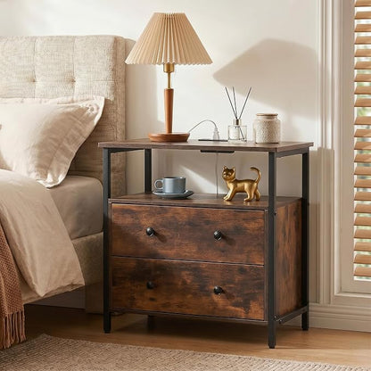 Edbuosy 27 inch Wide Night Stand with Charging Station, Bedside Table with Open Shelf, 2 Drawers Small Wood Dresser, Modern Wood Nightstand for Bedroom/Living Room, Retro Brown