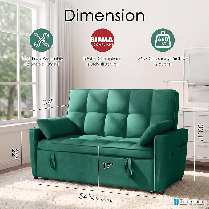 54'' Sleeper Sofa Bed, Convertible Pull Out Couch Futon for for Living Room,Apartment (Green, Loveseat) Side Pockets, Velvet Fabric, Adjustable Backrest, Pull-Out Bed, Easy Assembly