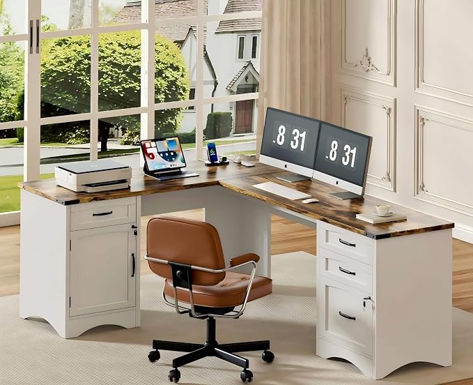 Decofy Farmhouse L Shaped Standing Desk with Storage Drawers, 67'' Corner Office Desk with File Cabinet & Charging Station, Wood Writing Computer Desk for Home Office, Study Room, White