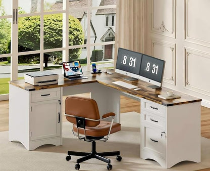 Decofy Farmhouse L Shaped Standing Desk with Storage Drawers, 67'' Corner Office Desk with File Cabinet & Charging Station, Wood Writing Computer Desk for Home Office, Study Room, White