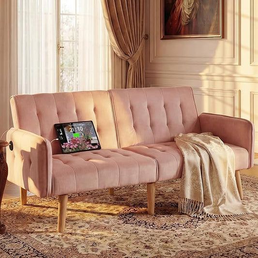 TYBOATLE 65" W Velvet Modern Convertible Folding Futon Couch Sofa Bed w/ 2 USB Charging Ports and arms, Loveseat for Compact Living Space, Dorm, Game Studio, Bonus Room, Apartment, Bedroom (Pink)