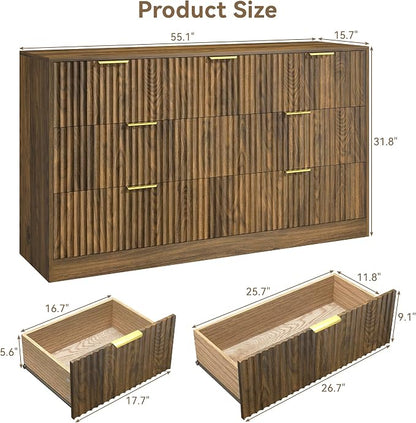 Walnut 7 Drawer Dresser for Bedroom, 55" Wide Fluted Chest of Drawers with Gold Metal Handles, Modern Wood Dresser Closet Storage Organizer Mid Century TV Stand for Living Room Hallway