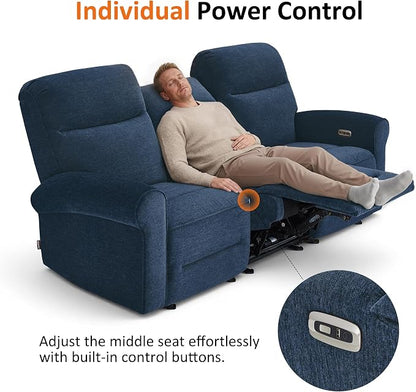 MCombo 87.8" Wall Hugger Power Reclining Sofa, 3-Seat Triple Recliner Couch with USB Ports, Rolled Arm Space Saving Recliner Sofa for Living Rooms Apartments RV, Fabric PR635M5 (Navy Blue)