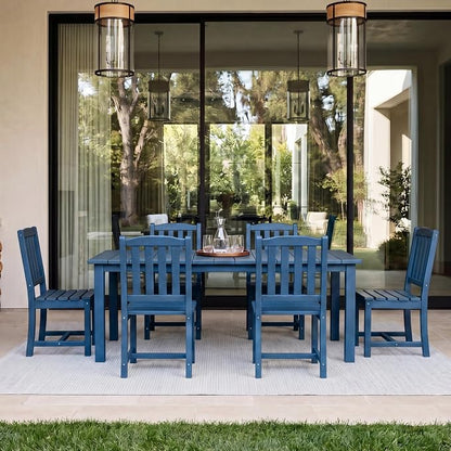 Perli™ 7-Piece Outdoor Dining Set, All-Weather HDPE Patio Table and 6 Chairs with Umbrella Hole, UV-Resistant Composite Wood Dining Furniture for Deck, Backyard, Poolside, Blue