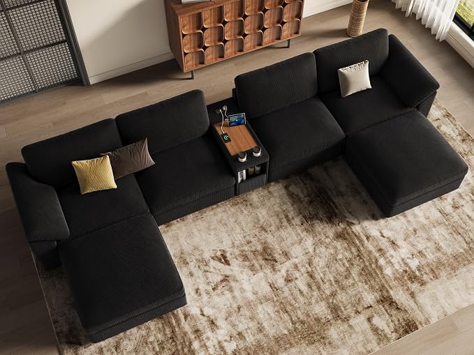 EASE MOOSE Extra Large Sectional Modular Sofa,U Shape Modular Deep Seat Corduroy Sectional Couch Console,Removable Washable,Black