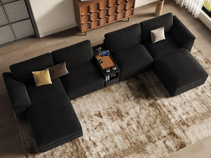 EASE MOOSE Extra Large Sectional Modular Sofa,U Shape Modular Deep Seat Corduroy Sectional Couch Console,Removable Washable,Black