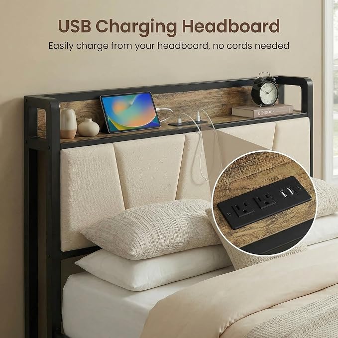 LIKIMIO Twin Bed Frames with Storage Headboard & Charging Station | Upholstered Headboard, Storage Shelf, Solid and Stable, Noise Free, No Box Spring Needed, Easy Assembly (Walnut and Beige)