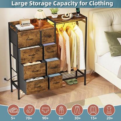 HIGDBFE Dresser with Hanging Rack, 8-Drawer Dresser for Bedroom with Charging Station & LED Lights, Fabric Dressers with Shoe Rack, Rustic Brown, 11.8" D x 42" W x 42.7" H (8 Drawers)