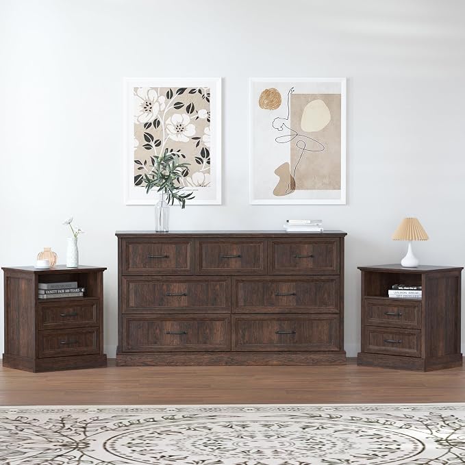 Tradare 3 Pcs Farmhouse Dresser and Nightstand Sets for Bedroom, 7 Drawer Dresser & Nightstand Set of 2, Rustic Wooden Chest of Drawers Wide Storage Organizer for Bedroom, Brown