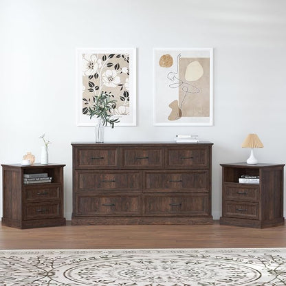 Tradare 3 Pcs Farmhouse Dresser and Nightstand Sets for Bedroom, 7 Drawer Dresser & Nightstand Set of 2, Rustic Wooden Chest of Drawers Wide Storage Organizer for Bedroom, Brown
