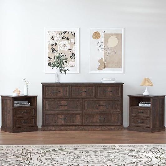 Tradare 3 Pcs Farmhouse Dresser and Nightstand Sets for Bedroom, 7 Drawer Dresser & Nightstand Set of 2, Rustic Wooden Chest of Drawers Wide Storage Organizer for Bedroom, Brown