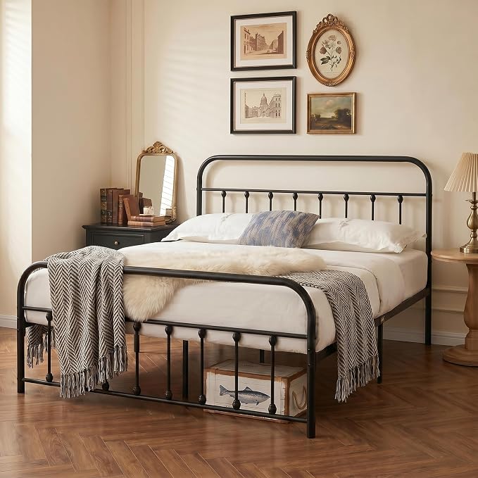 VECELO Queen Metal Platform Bed Frame with Headboard, Heavy Duty Steel Slat Support, Under Bed Storage,No Box Spring Needed, Easy Assembly，Victorian Style