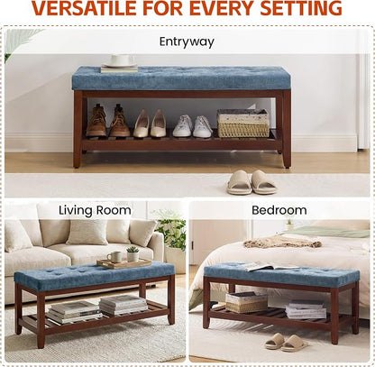 HUBSON 44" Entryway Shoe Bench, Upholstered End of Bed Bench with Solid Wood Shelf, Button Tufted Shoe Bench for Bedroom, Hallway, Living Room, Blue