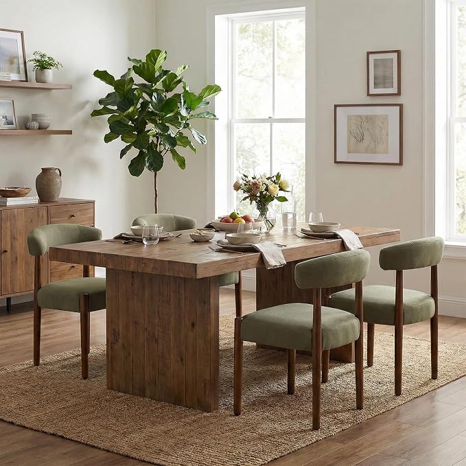 VKNOW Wooden Dining Chairs Set of 4, Modern Upholstered Dining Room Chairs with Walnut Wood Legs and Curved Backrest, Fabric Kitchen Chairs for Farmhouse/Living Room/Dining Room, Green