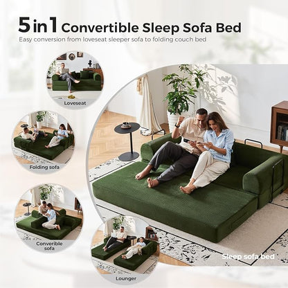 79" 5-in-1 Convertible Sofa Bed No Assembly, Boneless Couch Bed with High Density Foam, Foldable Sleeper Sofa, Corduroy Modular Couch for Apartment, Studio, Dorm Room, Small Space, Olive Green
