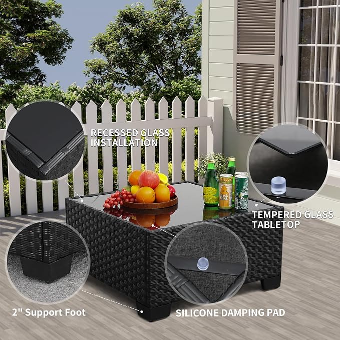 Rattaner Outdoor Furniture Set 3 Pieces Wicker Patio Furniture Outdoor Sectional Patio Couch Outdoor Coffee Table All-Weather Non-Slip Cushions Waterproof Covers, Peacock Blue