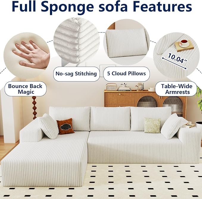 96" Modular Sectional Sofa, Modern Corduroy Cloud Couch with Deep Seat, Boneless Couch Upholstered 3-Seater L-Shaped Sofa for Living Room, No Assembly Required (White, Left-Facing Chaise)