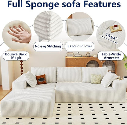 96" Modular Sectional Sofa, Modern Corduroy Cloud Couch with Deep Seat, Boneless Couch Upholstered 3-Seater L-Shaped Sofa for Living Room, No Assembly Required (White, Left-Facing Chaise)