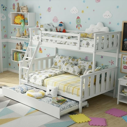KOMFOTT Twin Over Full Bunk Bed with Trundle, Wood Bunk Bed with Pull-Out Trundle Bed, Solid Wood Frame, Ladder & Safety Guardrails, Convertible to 2 Separated Beds, No Box Spring Needed (White)