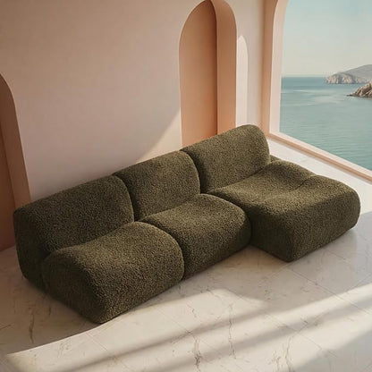 Curved Sectional Modular Couch with Chaise, Modern 106.3'' Boneless Sofa with Deep Seat, Sherpa Boucle Cloud Couch for Living Room, Cozy Teddy L-Shaped Couches，No Assembly, Green