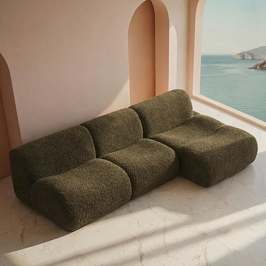 Curved Sectional Modular Couch with Chaise, Modern 106.3'' Boneless Sofa with Deep Seat, Sherpa Boucle Cloud Couch for Living Room, Cozy Teddy L-Shaped Couches，No Assembly, Green