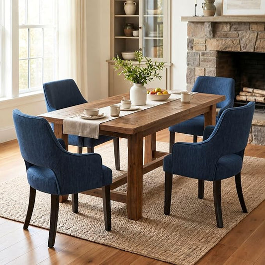 Linen Upholstered Dining Chairs Set of 4 with Arms | Blue linen fabric, breathable upholstery, curved backrest, cushioned seat, solid wood legs, farmhouse style for dining room
