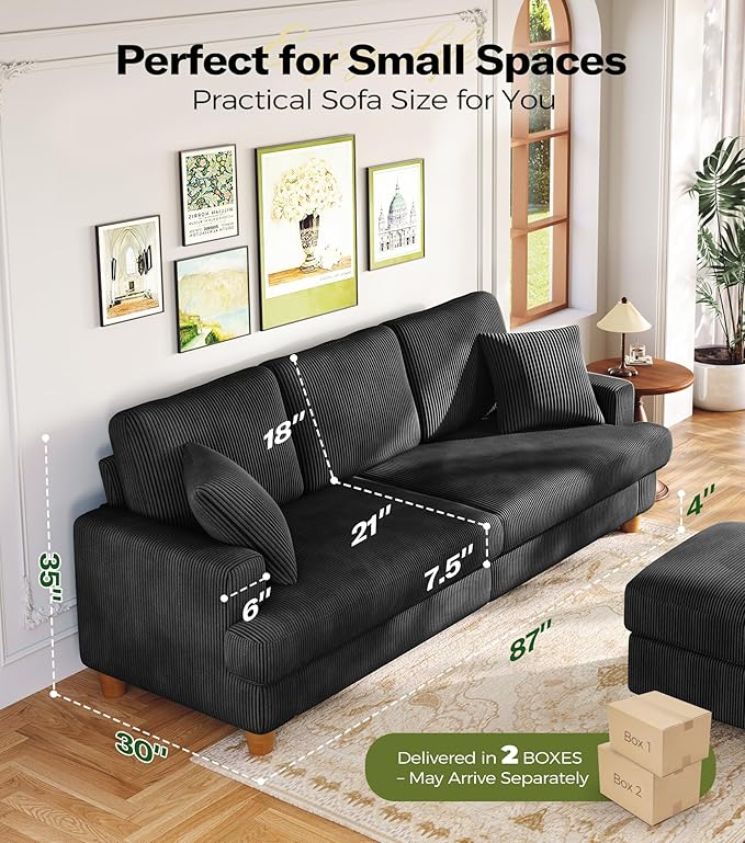 87in Corduroy Couch, Kidirect Sofa No Tool Assembly, Comfy Couches for Living Room 21in Deeper Seats, Corduroy Sofas for Living Room with 2 Pillows, Oversized Loveseat Sofa, Boho Love Seat Black Couch