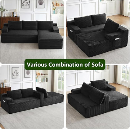 96" Modular Sectional Sofa, Modern Corduroy Cloud Couch with Side Pockets, Boneless Couch Upholstered 3-Seater L-Shaped Sofa for Living Room, No Assembly Required (Black, Right-Facing Chaise)