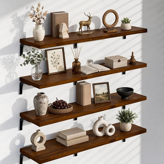 12 Inch Deep Floating Shelves Set of 4, 60 Inch Extra Long Walnut Solid Wood Wall Shelves, 5ft Heavy Duty Farmhouse Wall Mounted Shelving for Kitchen, Living Room & Bedroom