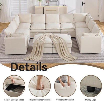 130" Beige Oversized Modular Storage Sofa, U Shaped Chenille Cloud Couch | Oversized Convertible Sectional Sofa, 9-Seat Sectional Couch With 2 Ottomans, Large Cloud Couch For Living Room, Apartment.