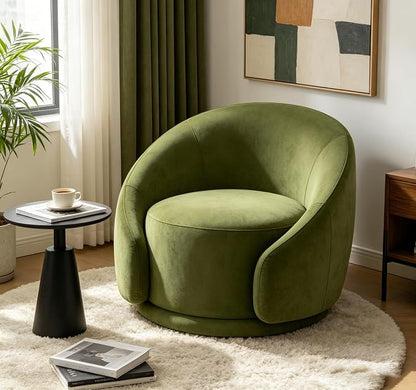VANOMi Swivel Accent Chairs for Living Room, 34" Swivel Barrel Chair Oversized Armchairs Modern Velvet Reading Chairs for Bedroom, Corner, Apartment, Olive Green