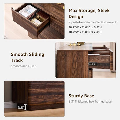 ACCOHOHO Modern 7 Drawer Dresser for Bedroom, 52" Wide Handleless Chest of Drawers, Large Push-to-Open Wood Storage, Dresser TV Stand for Bedroom, Living Room, Hallway, Curved Profile, Brown
