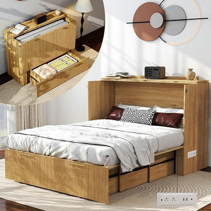 Full Size Murphy Bed Cabinet: Oak Folding Murphy Bed for Small Spaces, Wood Hidden Beds Cabinet with Charging Station, 2 in 1 Hideaway Beds Cabinets (Oak-Stripe)