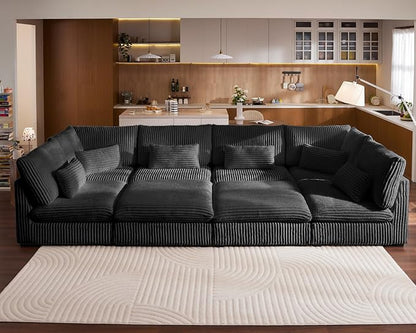 154" Oversized Corduroy Couch Modular Sectional Sofa, Washable Cloud Couch Sectional with 4 Ottoman, 8 Seater Sectional Couches for Living Room, Fully Cover Removable, Sleeper Sofa, Corduroy, Black