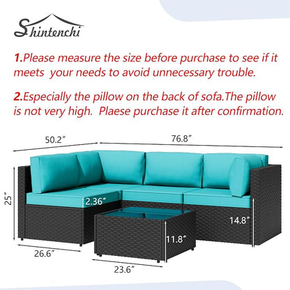 Shintenchi 5 Pieces Outdoor Patio Sectional Sofa Couch, Black PE Wicker Furniture Sets, Patio Conversation Sets with Washable Cushions Glass Coffee Table for Garden, Poolside, Backyard,Blue