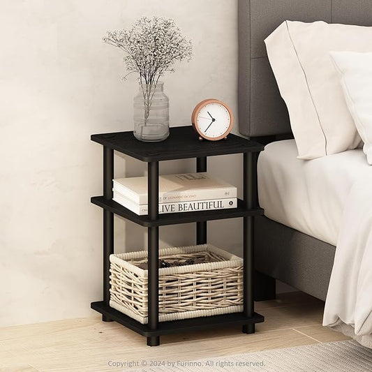 Furinno Turn-N-Tube Night Stand, 3-Tier Nightstand with Open Shelf, Bedside Table, End Table, Side Table, for Bedroom, Closet, Dorm, Black