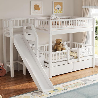 Twin Over Twin Bunk Bed with Storage Staircase, Slide and 2 Drawers,for Kids Teens Adults (White#Slide, Twin Over Twin)