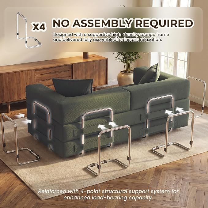 GRUSIGN 78 Inch Convertible Sofa Bed, 5-in-1 Futon Sofa Bed Pull Out Couch, Boneless Couch Bed for Living Room, Corduroy Boneless Couches for Bedroom, Apartment, No Assembly Sleeper Sofa Bed, Green