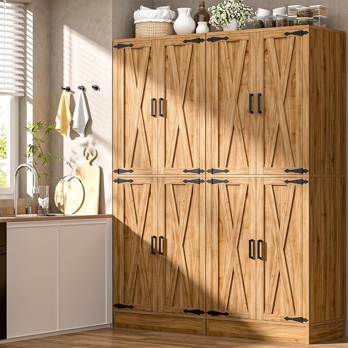Unikito 71" Tall Kitchen Pantry Storage Cabinet with Farmhouse Barn Doors and Storage Drawer, 4 Adjustable Shelves, Freestanding Cupboard for Dining Room, Living Room, Utility Room, Natural