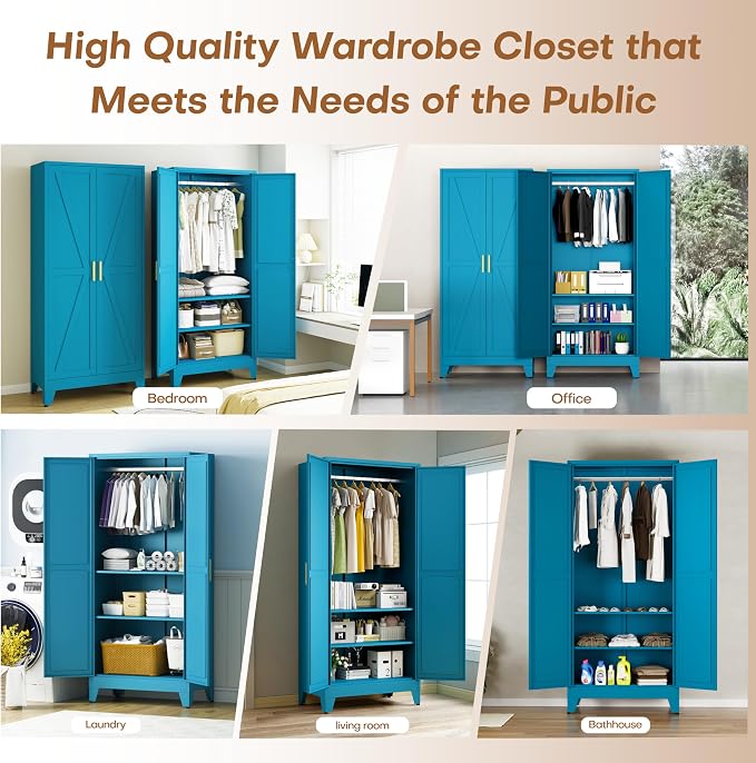 71" H Wardrobe Closet with Doors, Metal Wardrobe Cabinet with 2 Doors and 2 Adjustable Shelves, Armoire Wardrobes Closet with Hanging Rod, Closets for Bedroom, Laundry Room, Blue