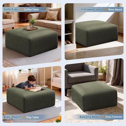 40" Oversized Square Corduroy Ottoman Pouf - Poofy Soft Foot Rest with Foam Chunk Filling, Movable Large Ottoman Pouf Footstool for Living Room Sofa Couch Bedroom, Green(1 Piece)